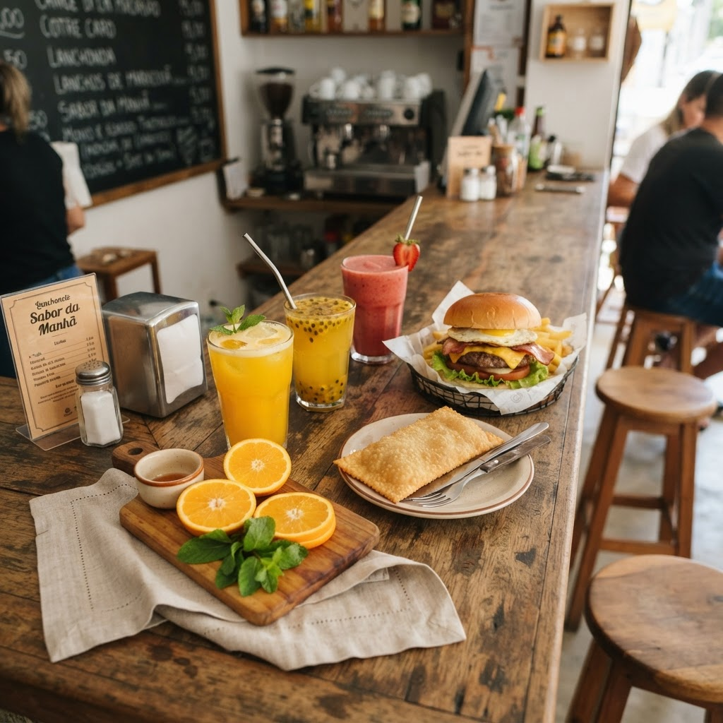 Sucos naturais, lanches e frutas frescas servidos na lanchonete
